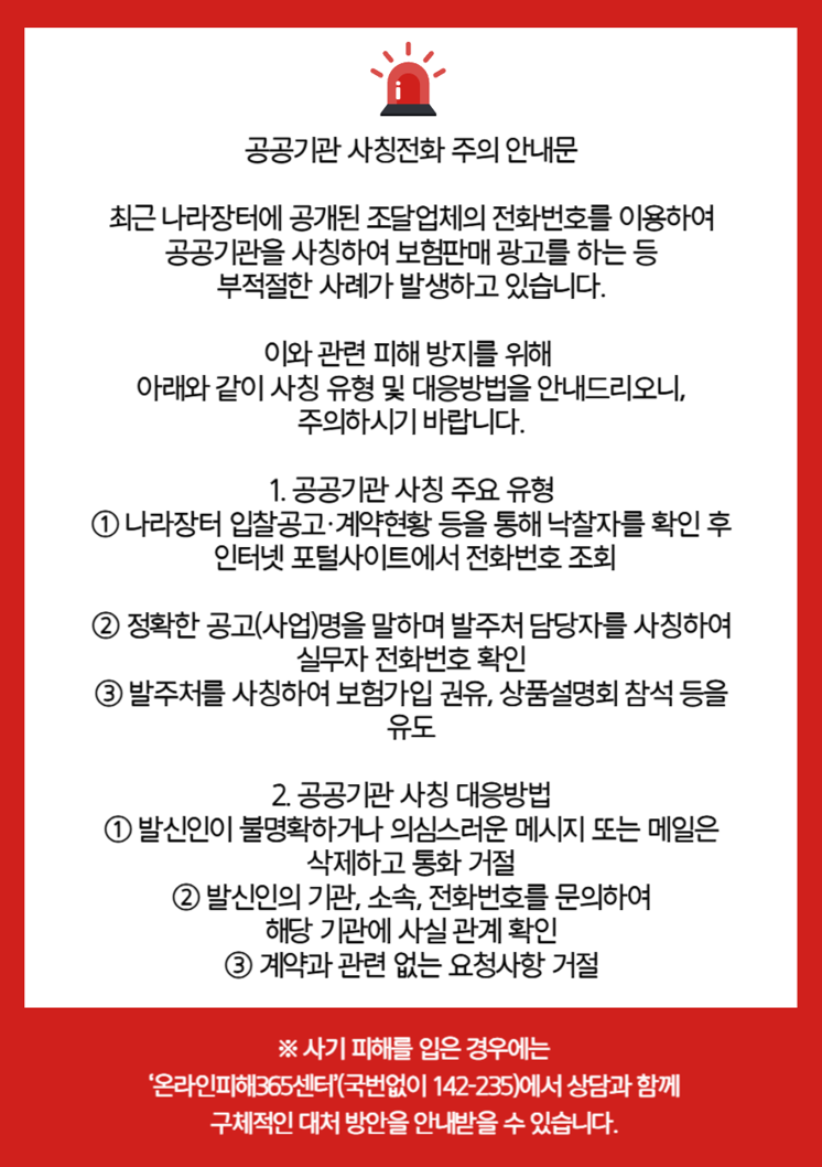 공공기관 사칭전화 주의 안내문

최근 나라장터에 공개된 조달업체의 전화번호를 이용하여 공공기관을 사칭하여 보험판매 광고를 하는 등 부적절한 사례가 발생하고 있습니다.

이와 관련 피해 방지를 위해 아래와 같이 사칭 유형 및 대응방법을 안내드리오니, 주의하시기 바랍니다.
1. 공공기관 사칭 주요 유형
① 나라장터 입찰공고·계약현황 등을 통해 낙찰자를 확인 후 인터넷 포털사이트에서 전화번호 조회
② 정확한 공고(사업)명을 말하며 발주처 담당자를 사칭하여 실무자 전화번호 확인
③ 발주처를 사칭하여 보험가입 권유, 상품설명회 참석 등을 유도

2. 공공기관 사칭 대응방법
① 발신인이 불명확하거나 의심스러운 메시지 또는 메일은 삭제하고 통화 거절
② 발신인의 기관, 소속, 전화번호를 문의하여 해당 기관에 사실 관계 확인
③ 계약과 관련 없는 요청사항 거절

※ 사기 피해를 입은 경우에는
‘온라인피해365센터’(국번없이 142-235)에서 상담과 함께 구체적인 대처 방안을 안내받을 수 있습니다.